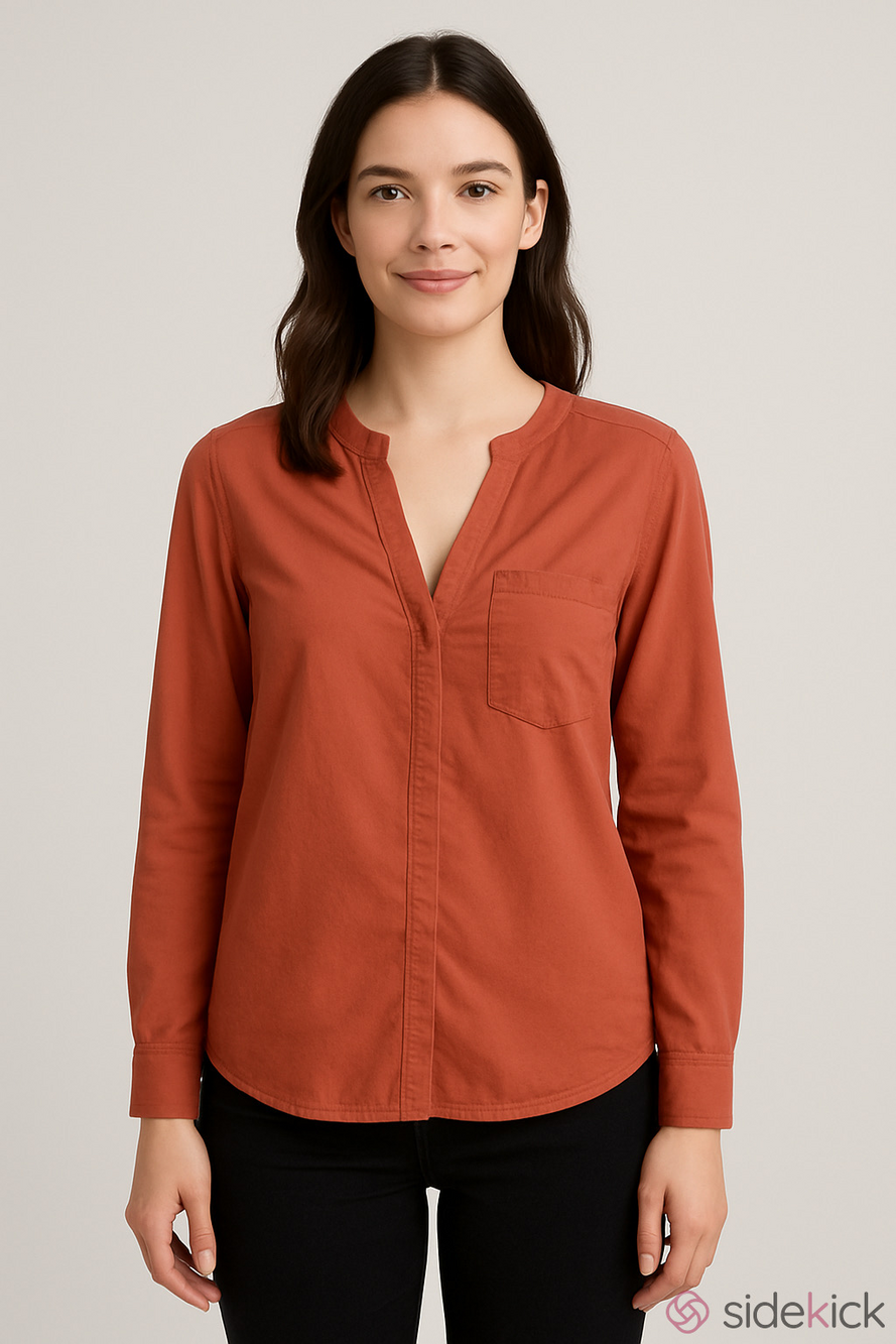 Banana Republic Long Sleeve V-Neck Button Down Shirt Small Petite Burnt Orange